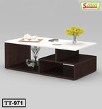 Modern tea table with white top, dark wood base, yellow flowers, and tea set, model TT-971