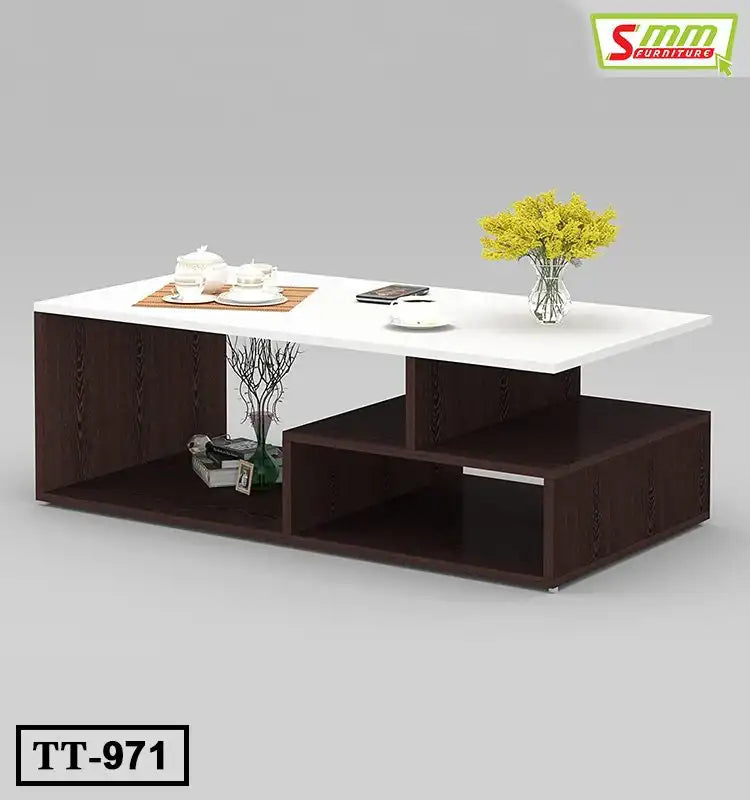 Modern tea table with white top, dark wood base, yellow flowers, and tea set, model TT-971