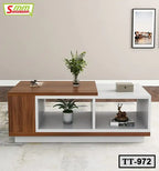 Modern tea table TT-972 with wood and white finish, open shelves, and decorative items