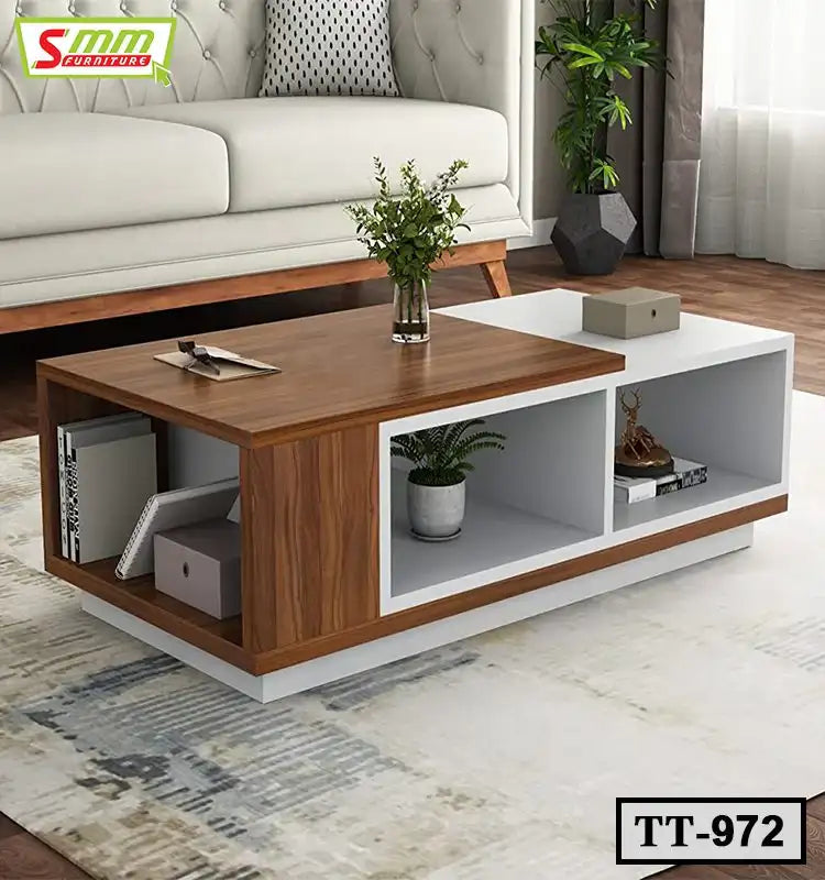 Modern wooden tea table with open shelves in a living room on a patterned rug Main image
