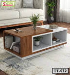 Modern wooden tea table with open shelves in a living room on a patterned rug