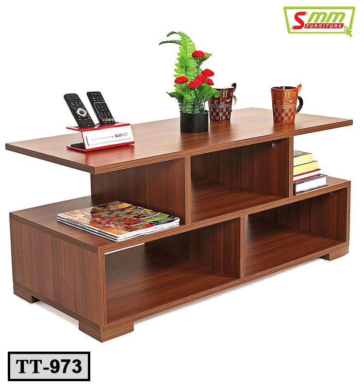 Modern wooden tea table with storage shelves, books, mugs, remote holder, and flower pot