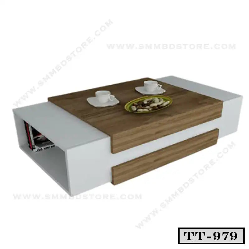 Modern rectangular tea table with wood and white finish, serving cups and snacks, storage shelf