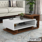 Modern wood and white tea table with open shelves in a living room setup