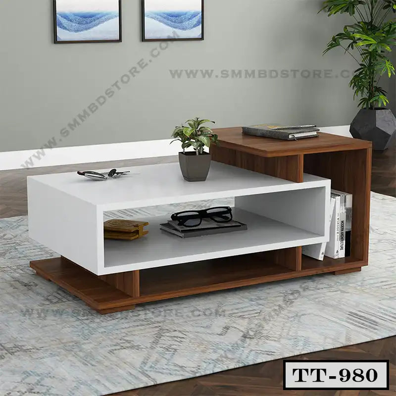 Modern two-tone wooden tea table with storage shelves in a living room setting Main image