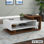 Modern two-tone wooden tea table with storage shelves in a living room setting