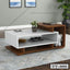 Modern two-tone wooden tea table with storage shelves in a living room setting