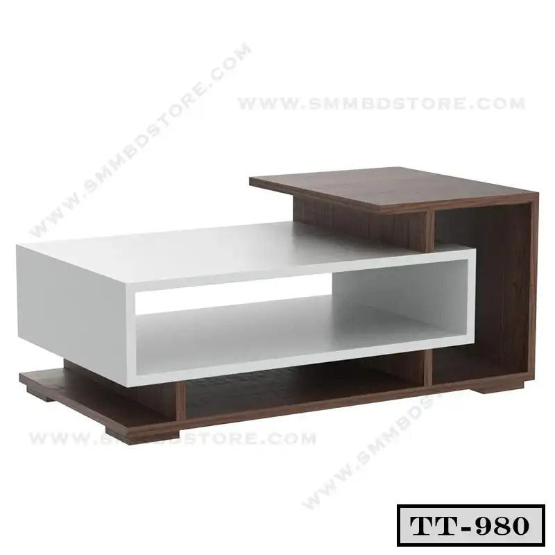 Modern rectangular tea table with white and wood finish, multiple open storage shelves