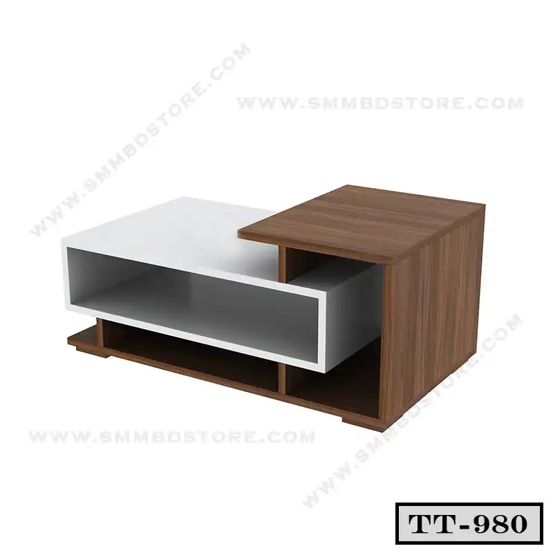Modern rectangular tea table with white and wood finish, open storage shelves, TT-980 model.