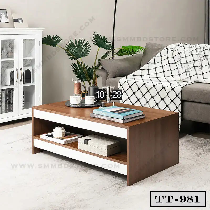 Modern wooden tea table with storage shelf in a stylish living room setting Main image