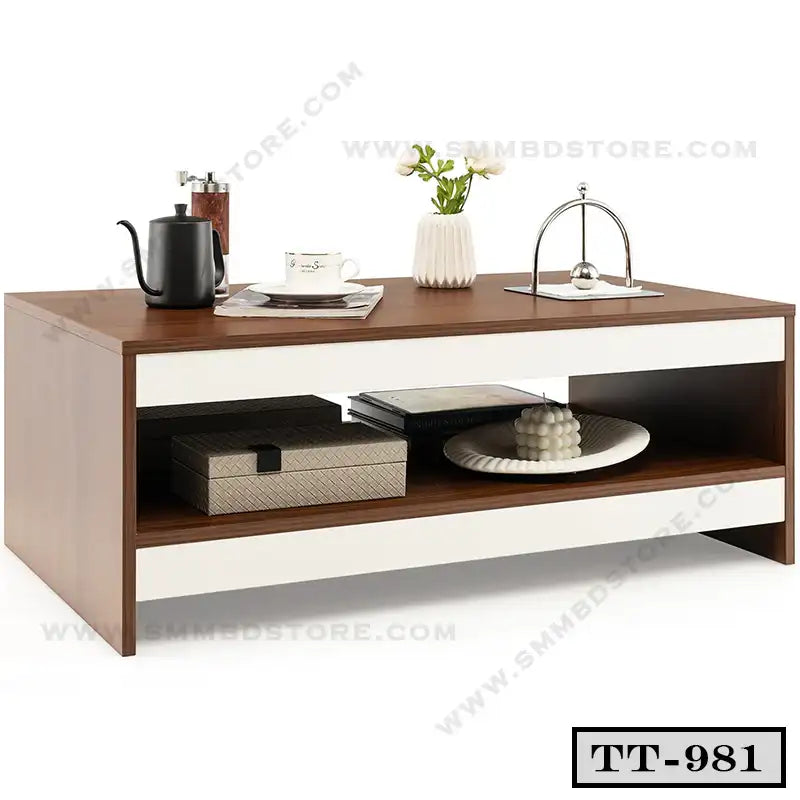 Modern wooden tea table with open shelves, decorative items, and a vase
