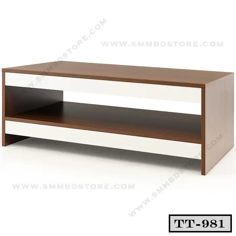 Modern rectangular tea table with wood finish and white accents, open shelf design
