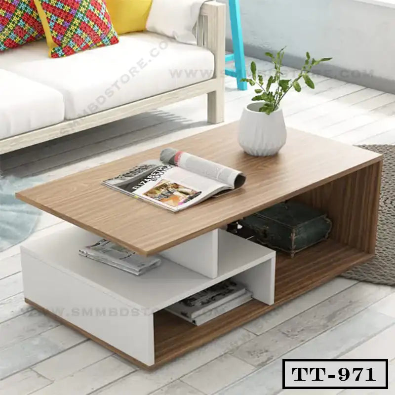 Modern wooden tea table with white shelves, vase, and magazines in a living room setting Main image