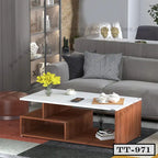 Modern wooden and white tea table TT-971 with flowers and cups in a living room setting