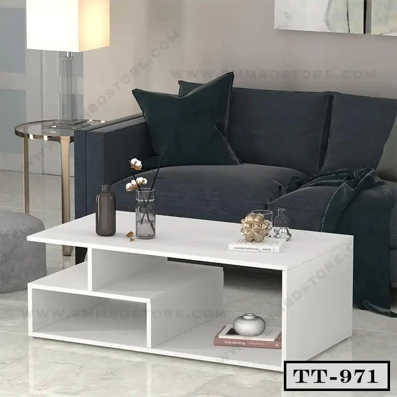 Modern white tea table TT-971 with shelves in a stylish living room setting