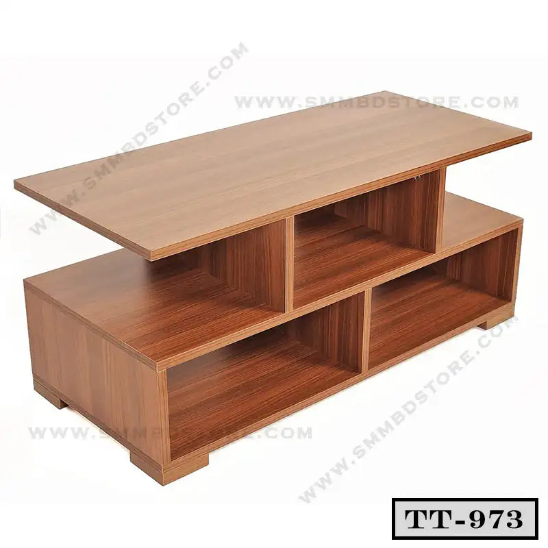 Modern rectangular wooden tea table with open storage shelves, code TT-973