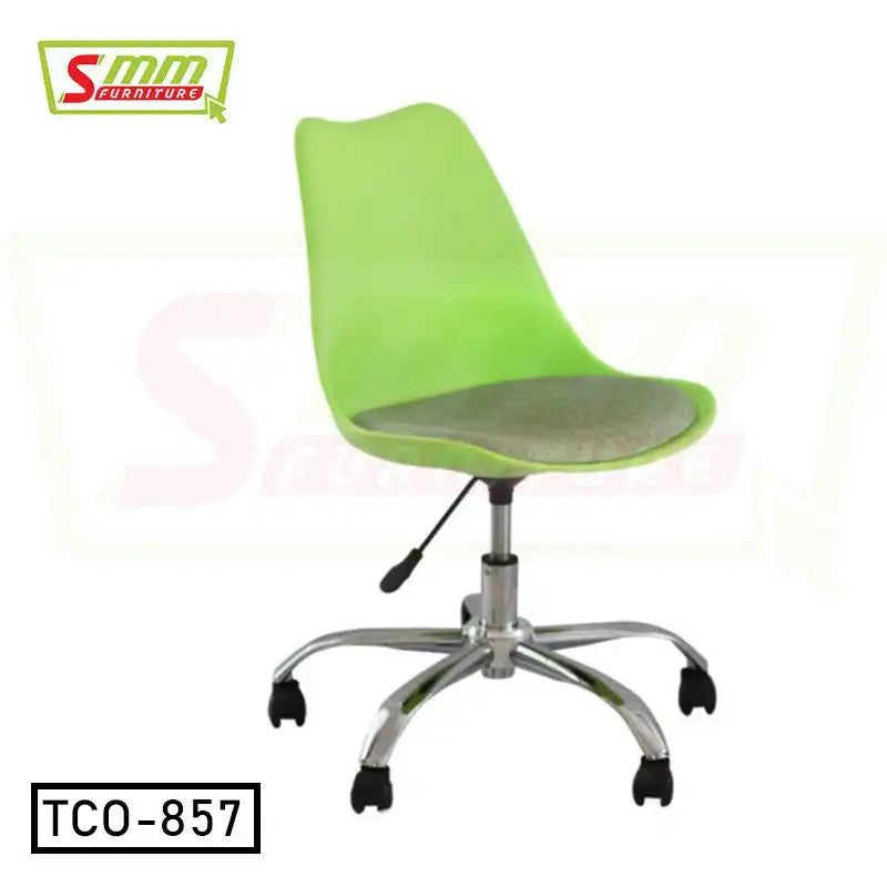 Modern green tulip office chair with grey cushion and chrome base on wheels