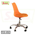 Modern orange office tulip chair with chrome base and wheels, ergonomic seating design