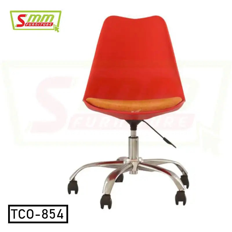 Red tulip office chair with adjustable height, chrome base, casters, and orange cushion Main image