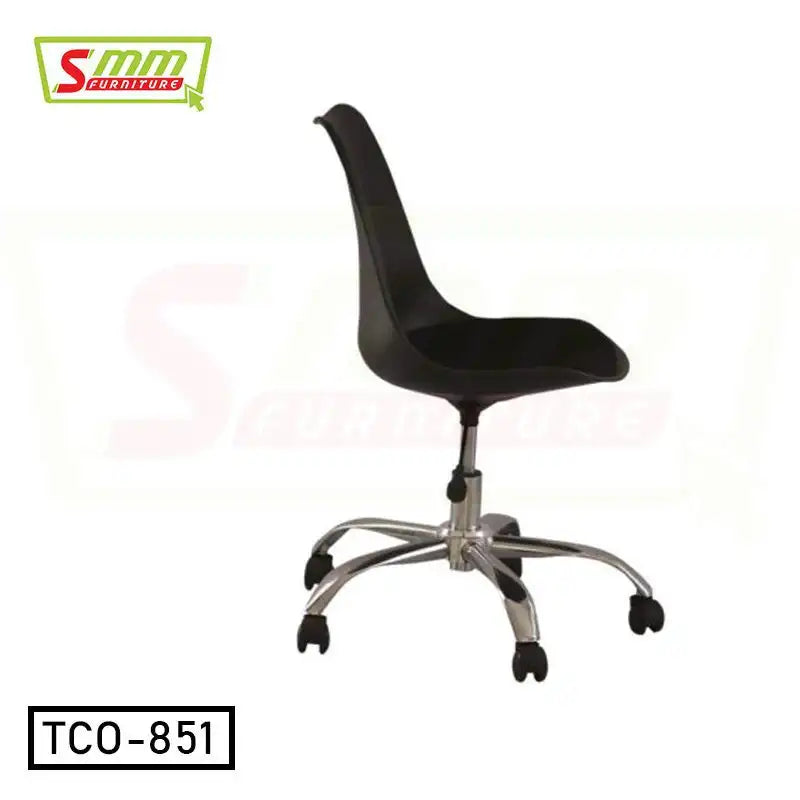 Modern black tulip office chair with chrome base and wheels on white background