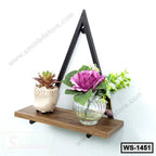 Modern wall shelf with wooden base and black metal frame, holding potted plant and flower vase