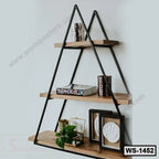 Modern triangle wall shelf with wood planks, decor pieces, frames, and small plant