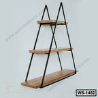 Modern triangular wall shelf with three wooden tiers and black metal frame, home decor