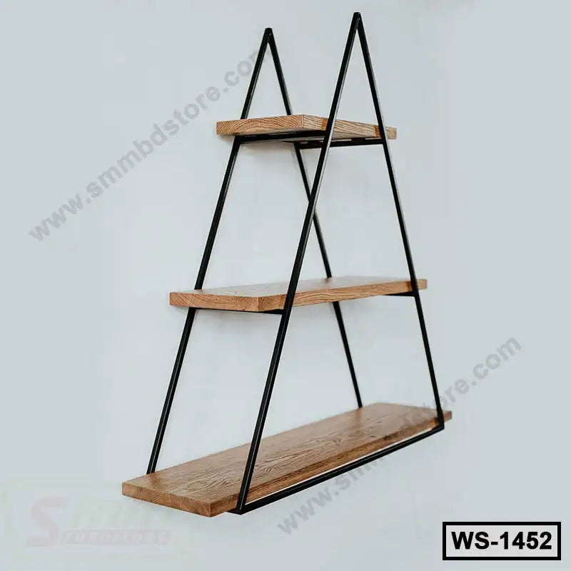 Modern triangular wall shelf with three wooden tiers and black metal frame, home decor