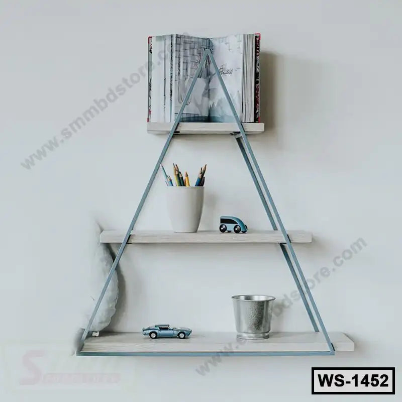 Modern triangle wall shelf with books, decor, and toy cars for home or office storage