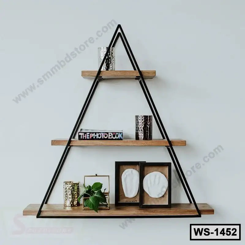 Modern triangular wall shelf with wooden tiers, metal frame, decor items, and plant. Main image