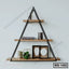 Modern triangular wall shelf with wooden tiers, metal frame, decor items, and plant.