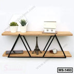 Modern wooden wall shelf with black metal frame, decorative plants, model house, phone, watch