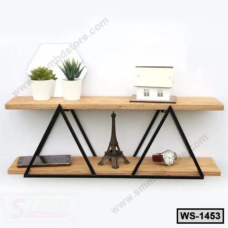 Modern wooden wall shelf with black metal frame, decorative plants, model house, phone, watch