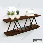Modern wall shelf with dark wood, black metal frame, decorative plants, and miniatures.
