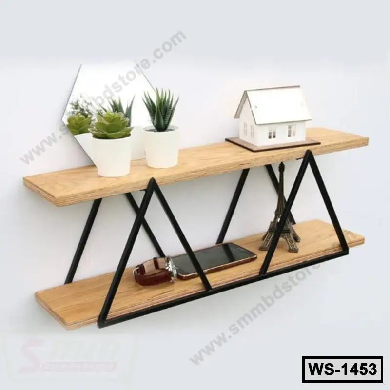 Modern wooden wall shelf with black metal frame, holding plants and decorative items Main image