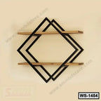Modern wall shelf with geometric black metal frame and wooden shelves for home or office