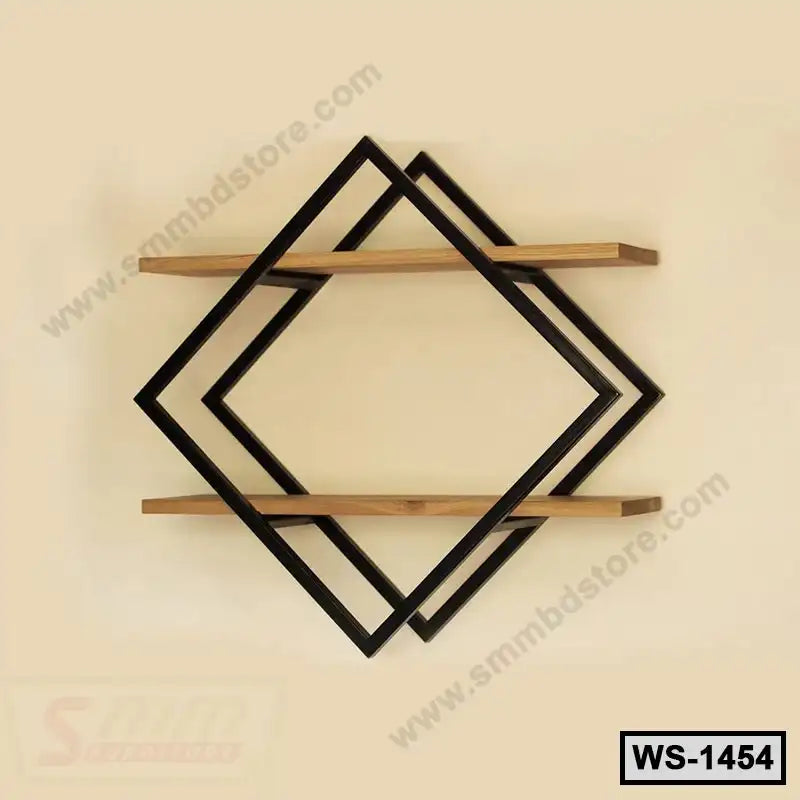 Modern wall shelf with geometric black metal frame and wooden shelves for home or office