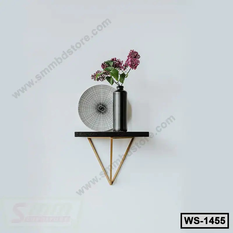 Modern wall shelf with black vase and flowers, minimalist decor, wooden bracket design.