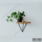 Modern wall shelf with triangular metal bracket, displaying a potted plant and decor