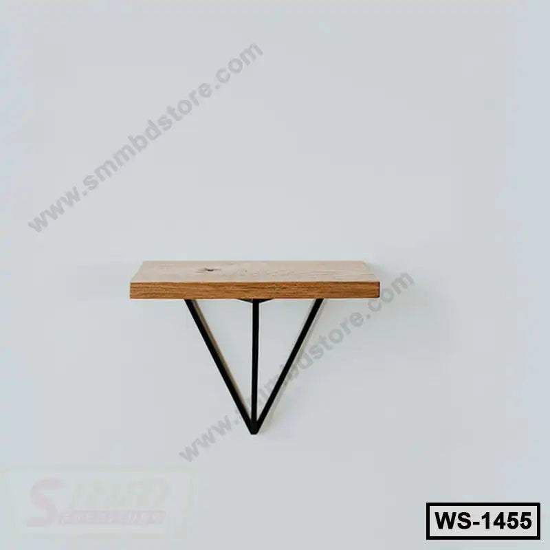 Modern wall shelf with wooden plank and black metal triangle brackets for home or office decor