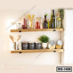 Wooden wall shelves in a modern kitchen with jars, utensils, plants, and labeled containers.