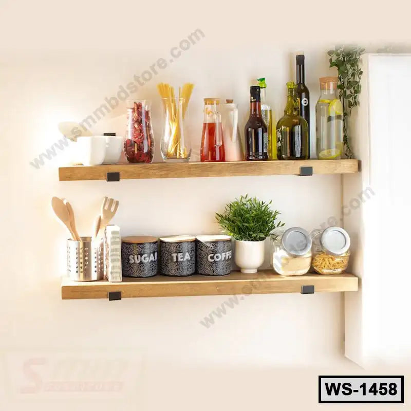 Wooden wall shelves in a modern kitchen with jars, utensils, plants, and labeled containers.