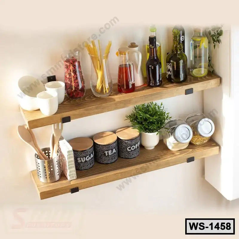 Wooden wall shelves with kitchen jars, utensils, plants, and decorative bottles