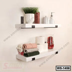Modern white wall shelves with towels, plants, toilet paper, and bathroom accessories