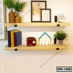Modern wooden wall shelves decorated with plants, books, clock, and picture frames, ideal for home or office.