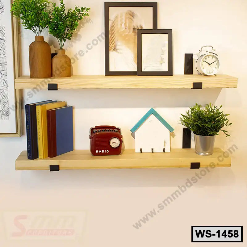 Modern wooden wall shelves decorated with plants, books, clock, and picture frames, ideal for home or office.