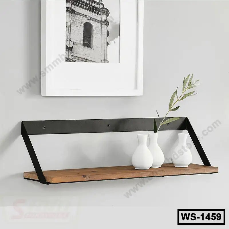 Modern wall shelf with black metal frame and wooden base, holding white ceramic vases Main image