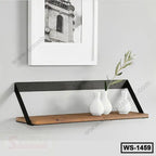 Modern wall shelf with black metal frame and wooden base, holding white ceramic vases