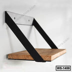 Modern wall shelf with wooden plank and black metal brackets, minimalist home decor