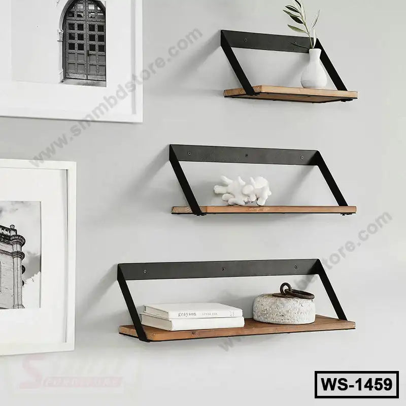Set of three modern wall shelves with black metal frames and wooden boards on a gray wall.